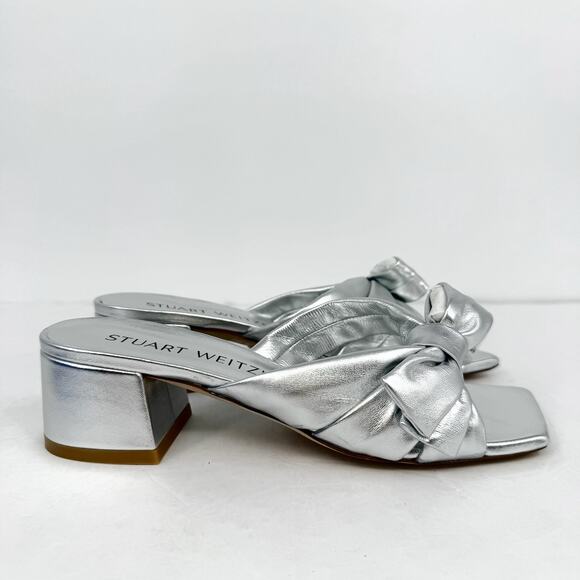 Stuart Women’s Sofia 45 Slide High Heels Size 6 Silver Leather Bow NIB - Picture 4 of 14